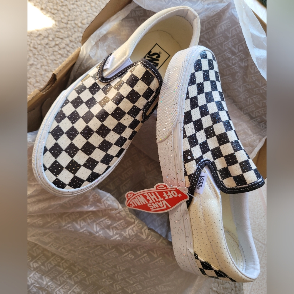 Vans Confetti Black White Checkered Glitter women's 8.5 mens 7 Brand New in Box